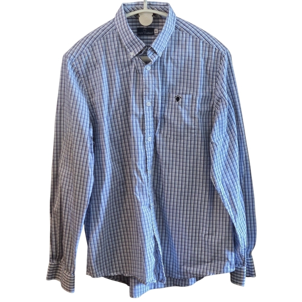 Simply Southern Men’s XL Blue & White Checkered Button Down  Shirt Turtle Logo